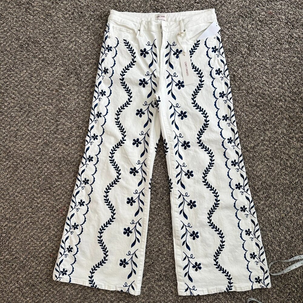 Embroidered White Wide-Leg Jeans with Navy Floral Trim